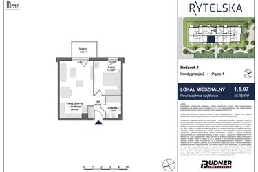 Rzut - Mieszkanie na sprzedaż 2 pokoje o powierzchni 45,19 m² - numer 1.1.07 w Rytelska