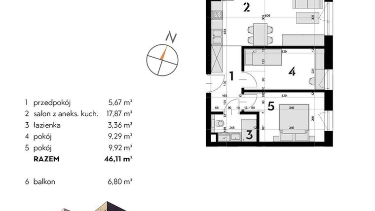 Rzut - Mieszkanie na sprzedaż 3 pokoje o powierzchni 46,11 m² - numer OK-10 w OKI DOKI