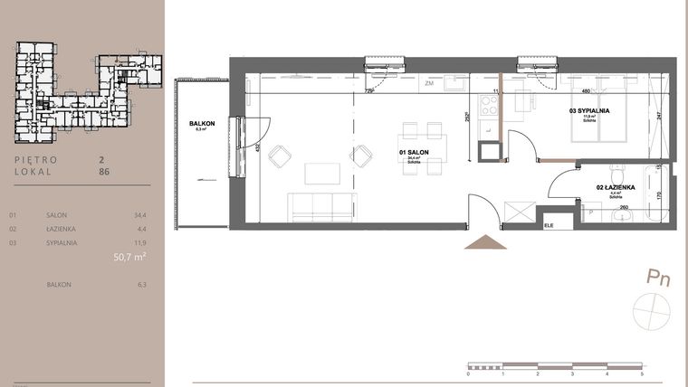 Rzut - Mieszkanie na sprzedaż 2 pokoje o powierzchni 50,74 m² - numer 86 w BETWEEN