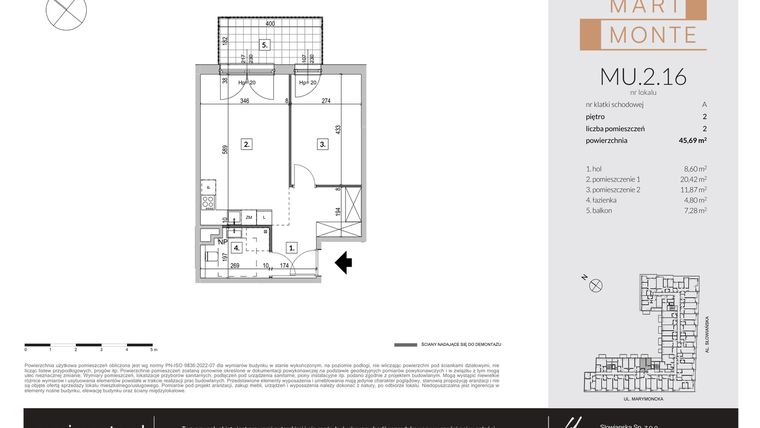 Rzut - Mieszkanie na sprzedaż 2 pokoje o powierzchni 45,69 m² - numer MU.2.16 w Marimonte - apartamenty inwestycyjne