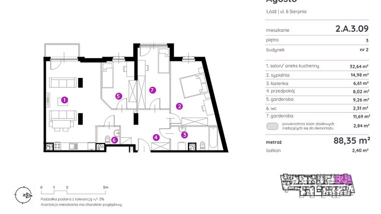 Rzut - Mieszkanie na sprzedaż 2 pokoje o powierzchni 88,55 m² - numer 2.A.3.09 w Murapol Agosto