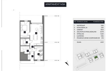 Rzut - Mieszkanie na sprzedaż 3 pokoje o powierzchni 63,02 m² - numer M3A w Rudava Park