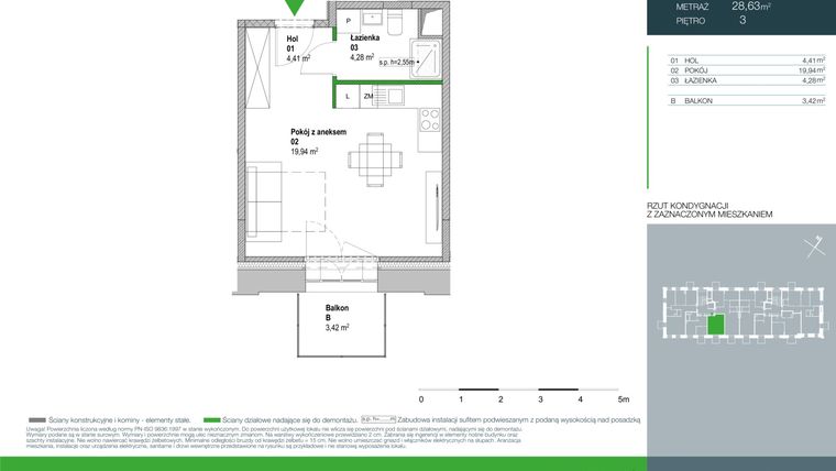 Rzut - Mieszkanie na sprzedaż 1 pokój o powierzchni 28,63 m² - numer E.2.3.02 w Aroma Park Lofty