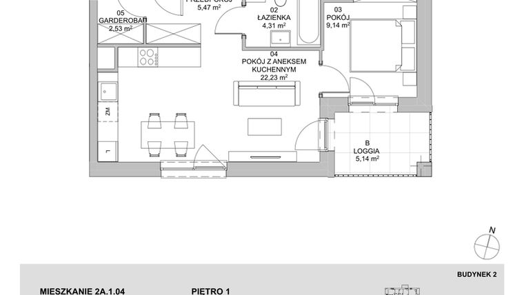 Rzut - Mieszkanie na sprzedaż 2 pokoje o powierzchni 43,68 m² - numer 2A.1.04 w Francuska Park VIIIA