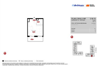 Rzut - Mieszkanie na sprzedaż 1 pokój o powierzchni 31,15 m² - numer C1B 70 w Modern Mokotów etap 3, budynek C1 i C2