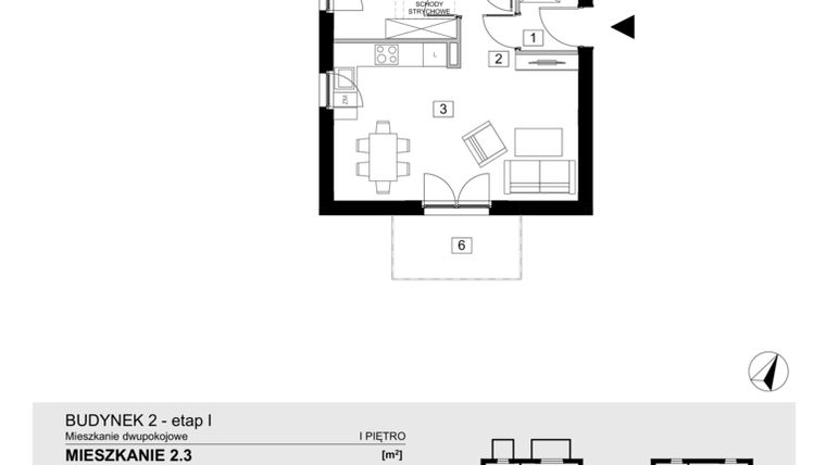 Rzut - Mieszkanie na sprzedaż 2 pokoje o powierzchni 43,47 m² - numer 2.3 w Jasieny
