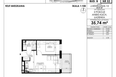 Rzut - Mieszkanie na sprzedaż 2 pokoje o powierzchni 35,74 m² - numer JAR-II-B-LM-M52 w Osiedle JAR Heweliusza etap II