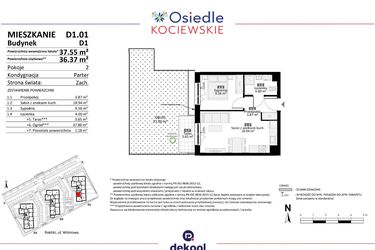 Rzut - Mieszkanie na sprzedaż 2 pokoje o powierzchni 36,37 m² - numer D1.01 w Osiedle Kociewskie etap III