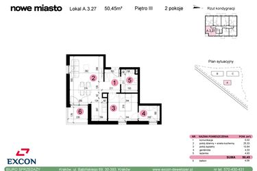Rzut - Mieszkanie na sprzedaż 2 pokoje o powierzchni 50,45 m² - numer A-3-27 w Nowe Miasto