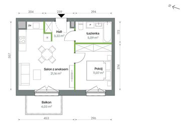 Rzut - Mieszkanie na sprzedaż 2 pokoje o powierzchni 40,54 m² - numer 1/A/1/12 w Oliwska Vita