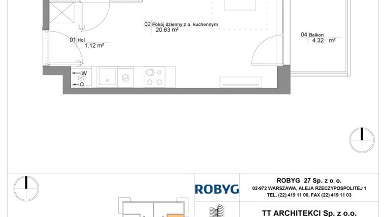 Rzut - Mieszkanie na sprzedaż 1 pokój o powierzchni 25,4 m² - numer SU3/A/3/13 w Sady Ursynów III