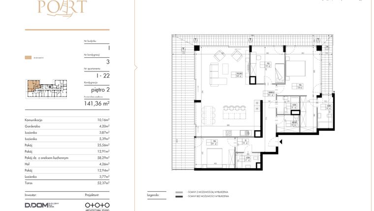 Rzut - Mieszkanie na sprzedaż 4 pokoje o powierzchni 141,36 m² - numer I_22 w Warmiński Port etap V