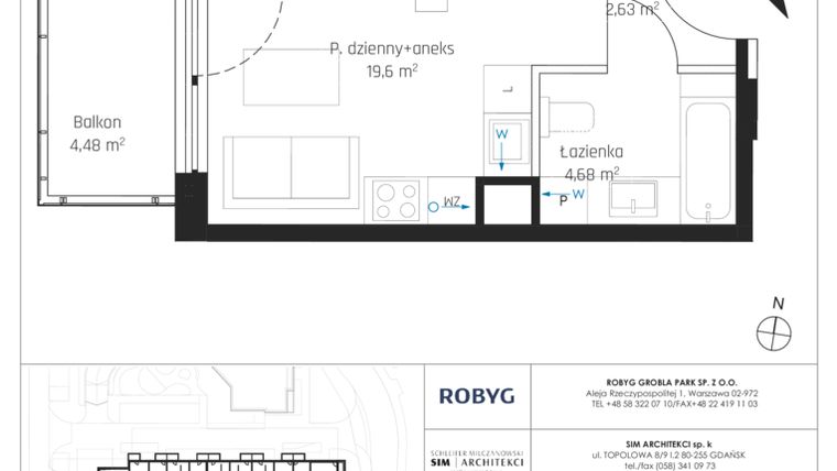 Rzut - Mieszkanie na sprzedaż 1 pokój o powierzchni 25,57 m² - numer I.5M29 w Nadmotławie Apartments etap I