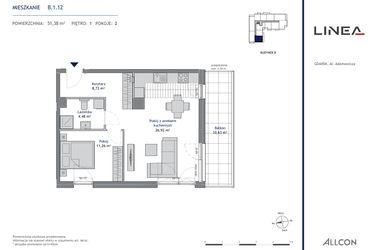 Rzut - Mieszkanie na sprzedaż 2 pokoje o powierzchni 51,38 m² - numer B.1.12 w Linea