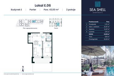 Rzut - Mieszkanie na sprzedaż 2 pokoje o powierzchni 43 m² - numer E.06 w Magiczny Łukęcin