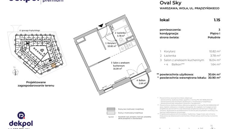 Rzut - Mieszkanie na sprzedaż 1 pokój o powierzchni 30,64 m² - numer 1.15 w OVAL SKY