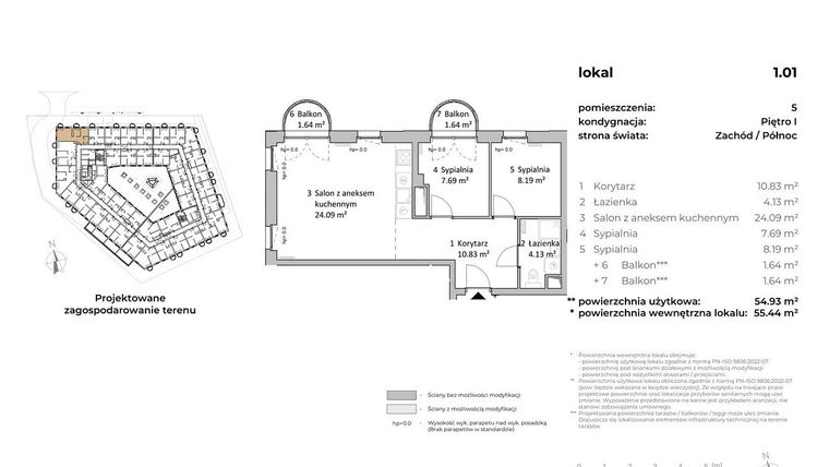 Rzut - Mieszkanie na sprzedaż 3 pokoje o powierzchni 54,64 m² - numer 1.01 w OVAL SKY