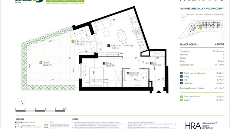 Rzut - Mieszkanie na sprzedaż 2 pokoje o powierzchni 45,19 m² - numer AA0004 w M Bemowo 3