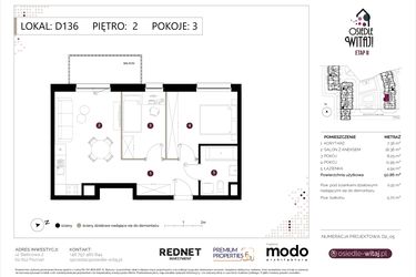 Rzut - Mieszkanie na sprzedaż 3 pokoje o powierzchni 51,77 m² - numer D136 w Osiedle Witaj etap II