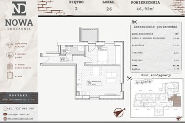 Rzut - Mieszkanie na sprzedaż 2 pokoje o powierzchni 46,92 m² - numer M26 w Nowa Drukarnia