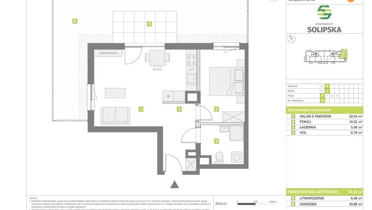 Rzut - Mieszkanie na sprzedaż 2 pokoje o powierzchni 44,43 m² - numer B.16 w Apartamenty Solipska