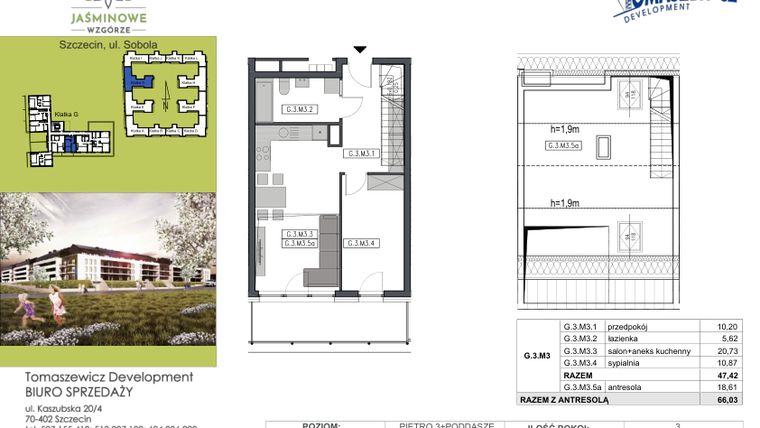 Rzut - Mieszkanie na sprzedaż 3 pokoje o powierzchni 66,03 m² - numer G.3.M3 w Jaśminowe Wzgórze - etap II