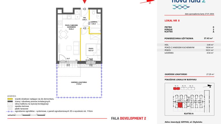 Rzut - Mieszkanie na sprzedaż 2 pokoje o powierzchni 37,43 m² - numer 8 w Miasteczko Nova Fala 2