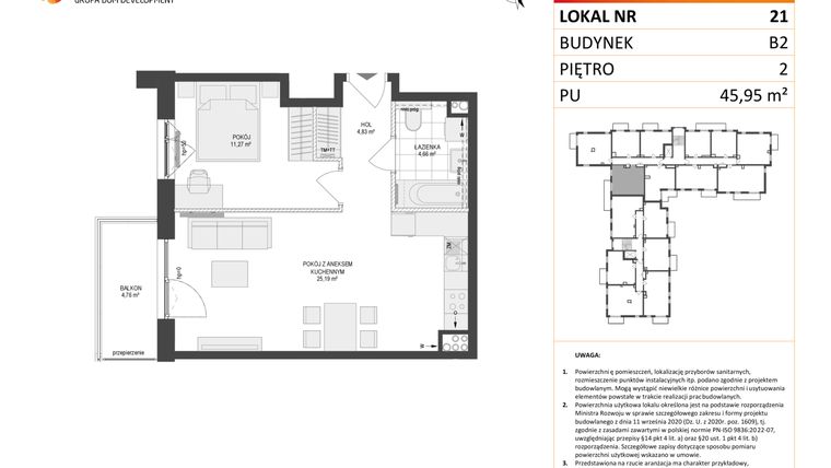 Rzut - Mieszkanie na sprzedaż 2 pokoje o powierzchni 45,95 m² - numer 21 w Locus 2 bud. B2
