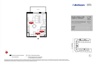 Rzut - Mieszkanie na sprzedaż 1 pokój o powierzchni 35,44 m² - numer L1.78 w Wieża Jeżyce etap VI