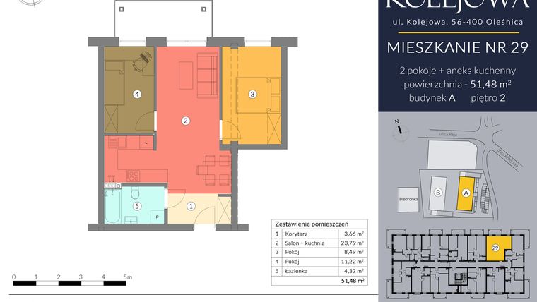 Rzut - Mieszkanie na sprzedaż 3 pokoje o powierzchni 51,48 m² - numer A.29 w Osiedle Kolejowa