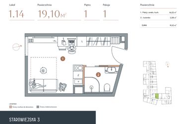 Rzut - Mieszkanie na sprzedaż 1 pokój o powierzchni 19,1 m² - numer 1.14 w Starowiejska 3