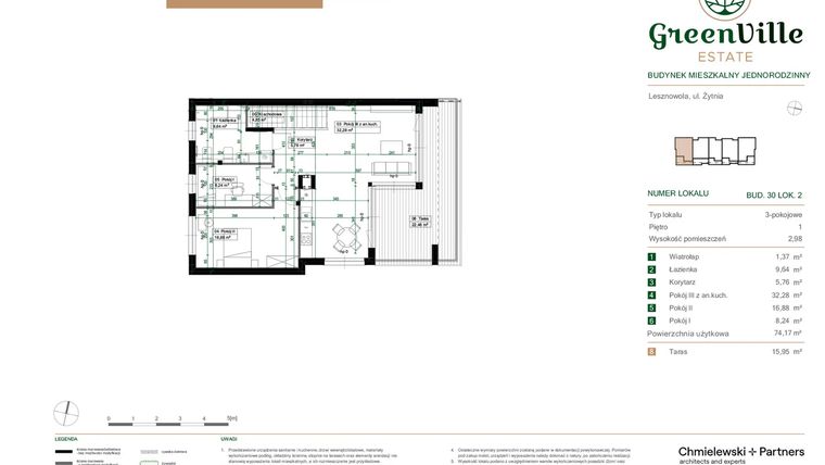 Rzut - Mieszkanie na sprzedaż 3 pokoje o powierzchni 74,17 m² - numer 30.2 w Green Ville