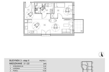 Rzut - Mieszkanie na sprzedaż 2 pokoje o powierzchni 53,23 m² - numer 3.1.22 w ATAL Apollina II