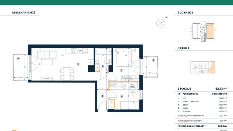 Rzut - Mieszkanie na sprzedaż 3 pokoje o powierzchni 51,17 m² - numer M28 w Reneta