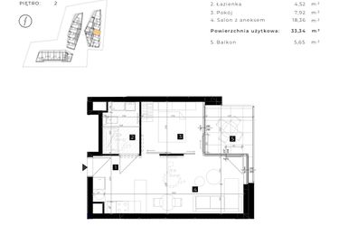 Rzut - Mieszkanie na sprzedaż 2 pokoje o powierzchni 33,34 m² - numer C.2.18 w Cisha Apartamenty Dziwnów