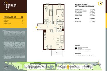 Rzut - Mieszkanie na sprzedaż 3 pokoje o powierzchni 67,63 m² - numer A2.76 w Conrada 27