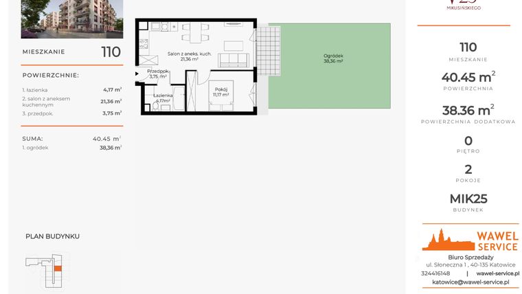 Rzut - Mieszkanie na sprzedaż 2 pokoje o powierzchni 40,45 m² - numer 110 w Mikusińskiego 25