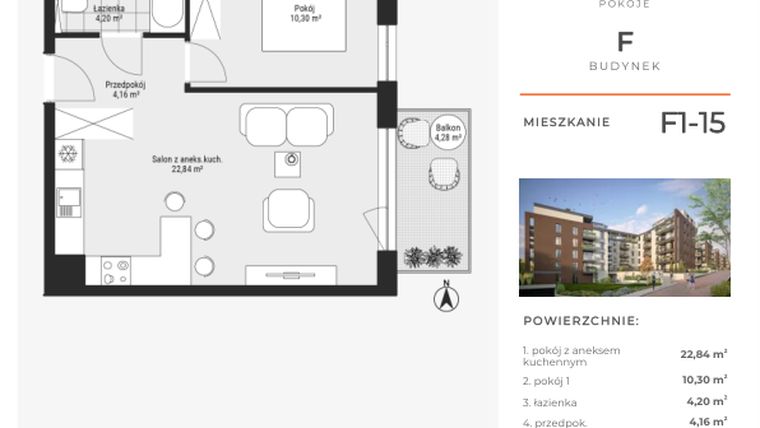 Rzut - Mieszkanie na sprzedaż 2 pokoje o powierzchni 41,5 m² - numer F1-15 w Na Koszutce II