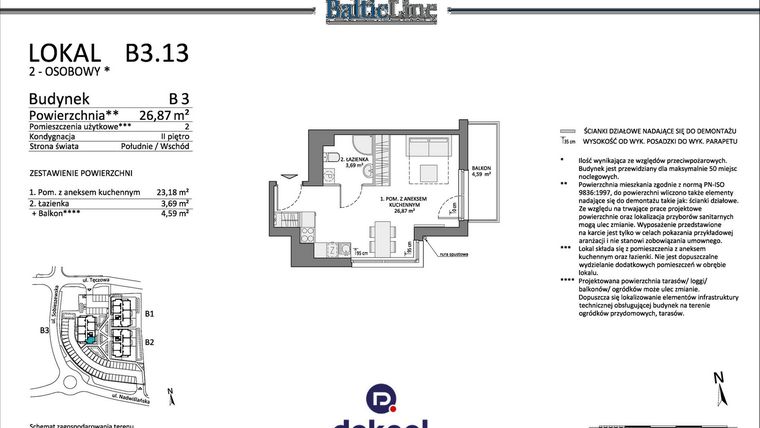 Rzut - Mieszkanie na sprzedaż 1 pokój o powierzchni 26,87 m² - numer B3.13 w Baltic Line