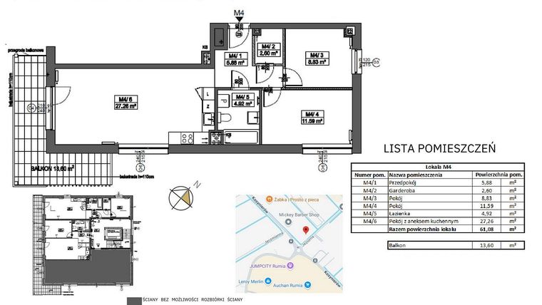 Rzut - Mieszkanie na sprzedaż 4 pokoje o powierzchni 61,08 m² - numer M4 w Jeziorna 1