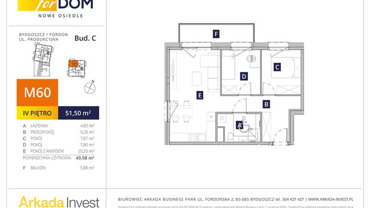 Rzut - Mieszkanie na sprzedaż 3 pokoje o powierzchni 49,87 m² - numer M60_F.c w Osiedle forDOM – etap C