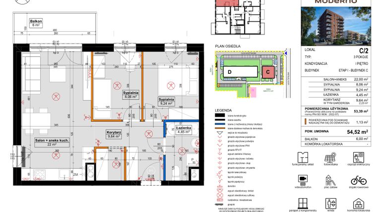 Rzut - Mieszkanie na sprzedaż 3 pokoje o powierzchni 54,52 m² - numer C.2 w Osiedle Moderno