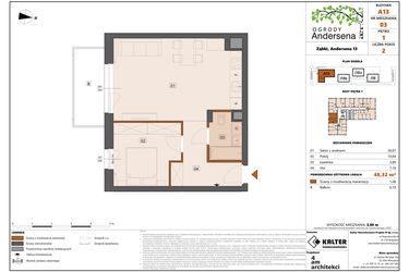 Rzut - Mieszkanie na sprzedaż 2 pokoje o powierzchni 48,32 m² - numer 3A w Ogrody Andersena