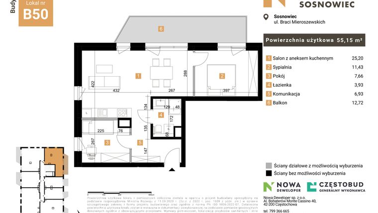 Rzut - Mieszkanie na sprzedaż 3 pokoje o powierzchni 55,15 m² - numer 50 w Nowy Sosnowiec