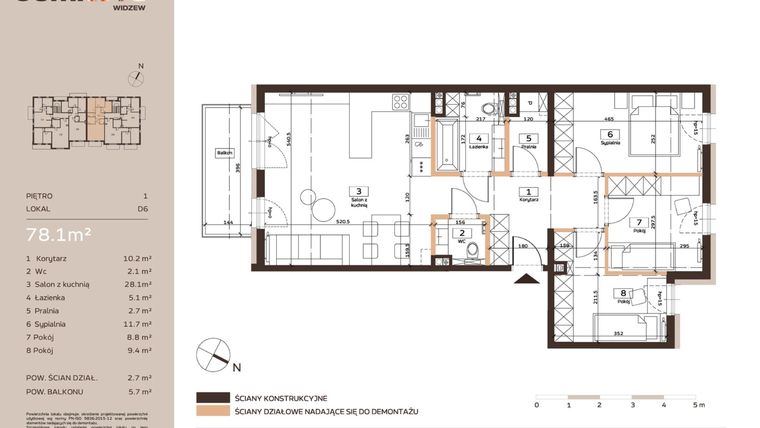 Rzut - Mieszkanie na sprzedaż 4 pokoje o powierzchni 78,1 m² - numer D6 w Domkove Widzew