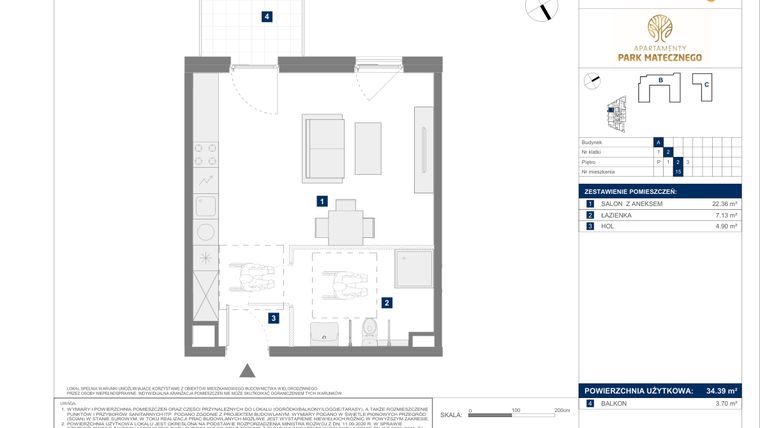 Rzut - Mieszkanie na sprzedaż 1 pokój o powierzchni 34,39 m² - numer A15 w Apartamenty Park Matecznego Etap 1