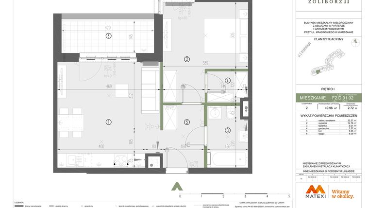 Rzut - Mieszkanie na sprzedaż 2 pokoje o powierzchni 49,96 m² - numer F2.D.01.02 w Sady Żoliborz II
