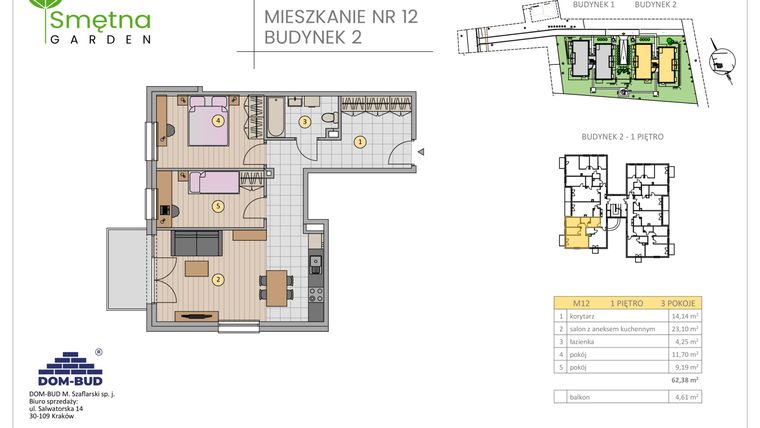Rzut - Mieszkanie na sprzedaż 3 pokoje o powierzchni 62,38 m² - numer 12 w Smętna Garden