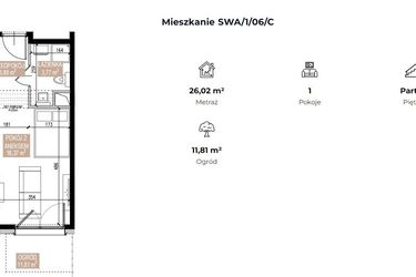 Rzut - Mieszkanie na sprzedaż 1 pokój o powierzchni 26,02 m² - numer SWA/1/06/C w Apartamenty Świeradowska