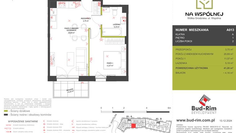 Rzut - Mieszkanie na sprzedaż 2 pokoje o powierzchni 41,2 m² - numer 13 w Na Wspólnej